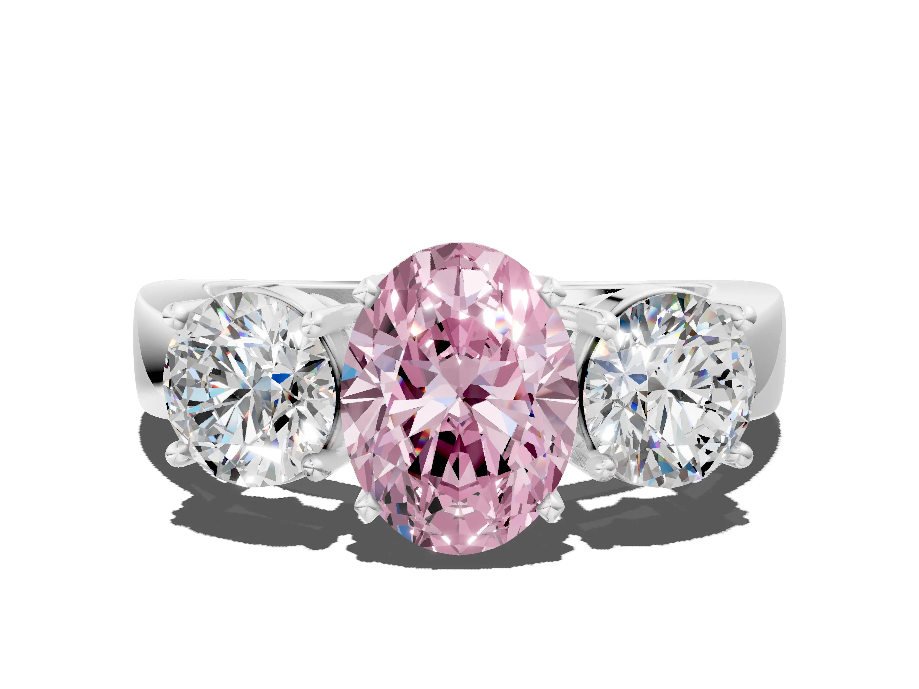 White gold Three-Stone Fancy Pink Oval Cut Diamond Ring with Round Side Stones, Classic Band, and Four-Prong Setting_24