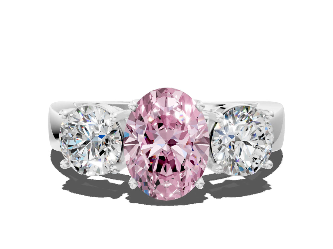 White gold Three-Stone Fancy Pink Oval Cut Diamond Ring with Round Side Stones, Classic Band, and Four-Prong Setting_24