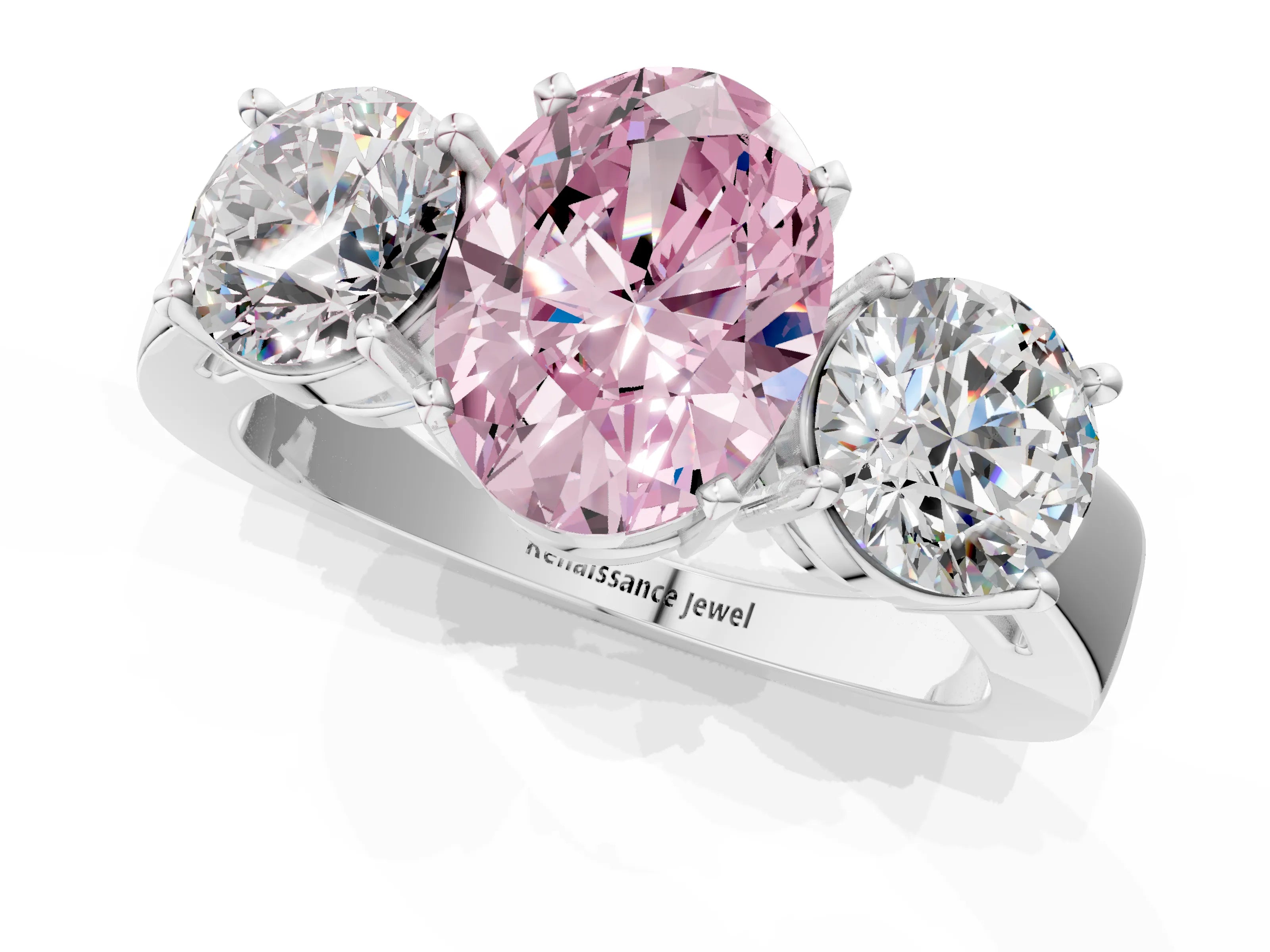 White gold Three-Stone Fancy Pink Oval Cut Diamond Ring with Round Side Stones, Classic Band, and Four-Prong Setting_25
