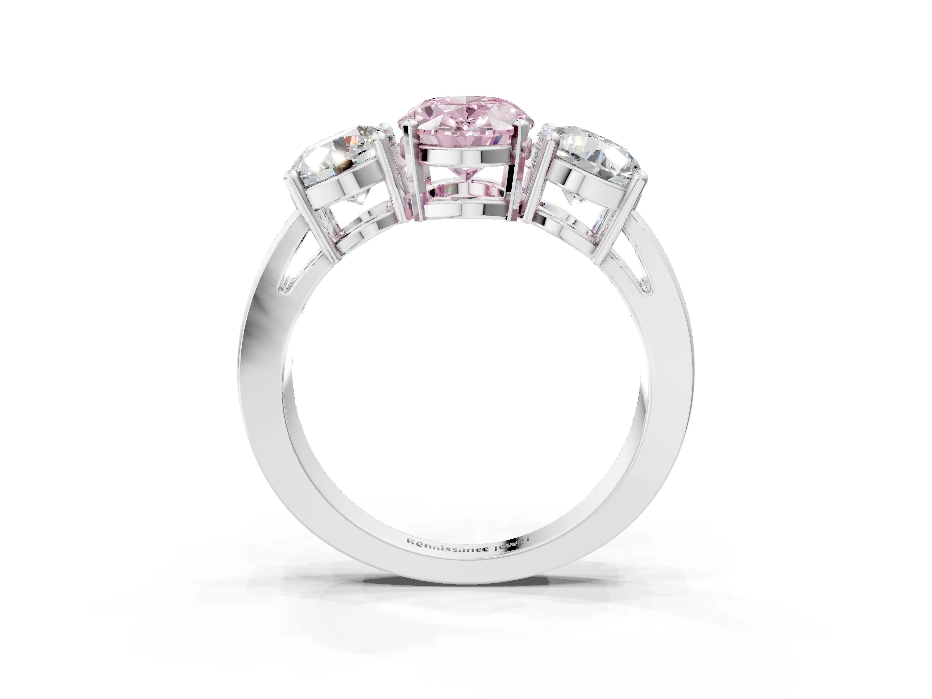 White gold Three-Stone Fancy Pink Oval Cut Diamond Ring with Round Side Stones, Classic Band, and Four-Prong Setting_27