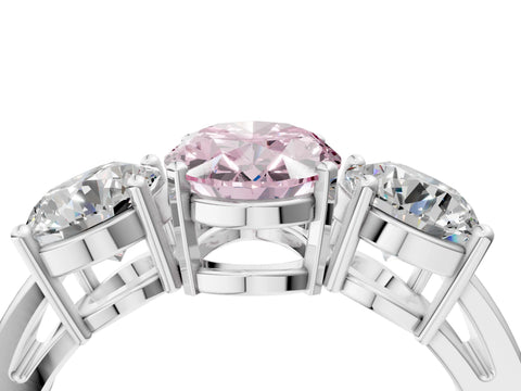 White gold Three-Stone Fancy Pink Oval Cut Diamond Ring with Round Side Stones, Classic Band, and Four-Prong Setting_28
