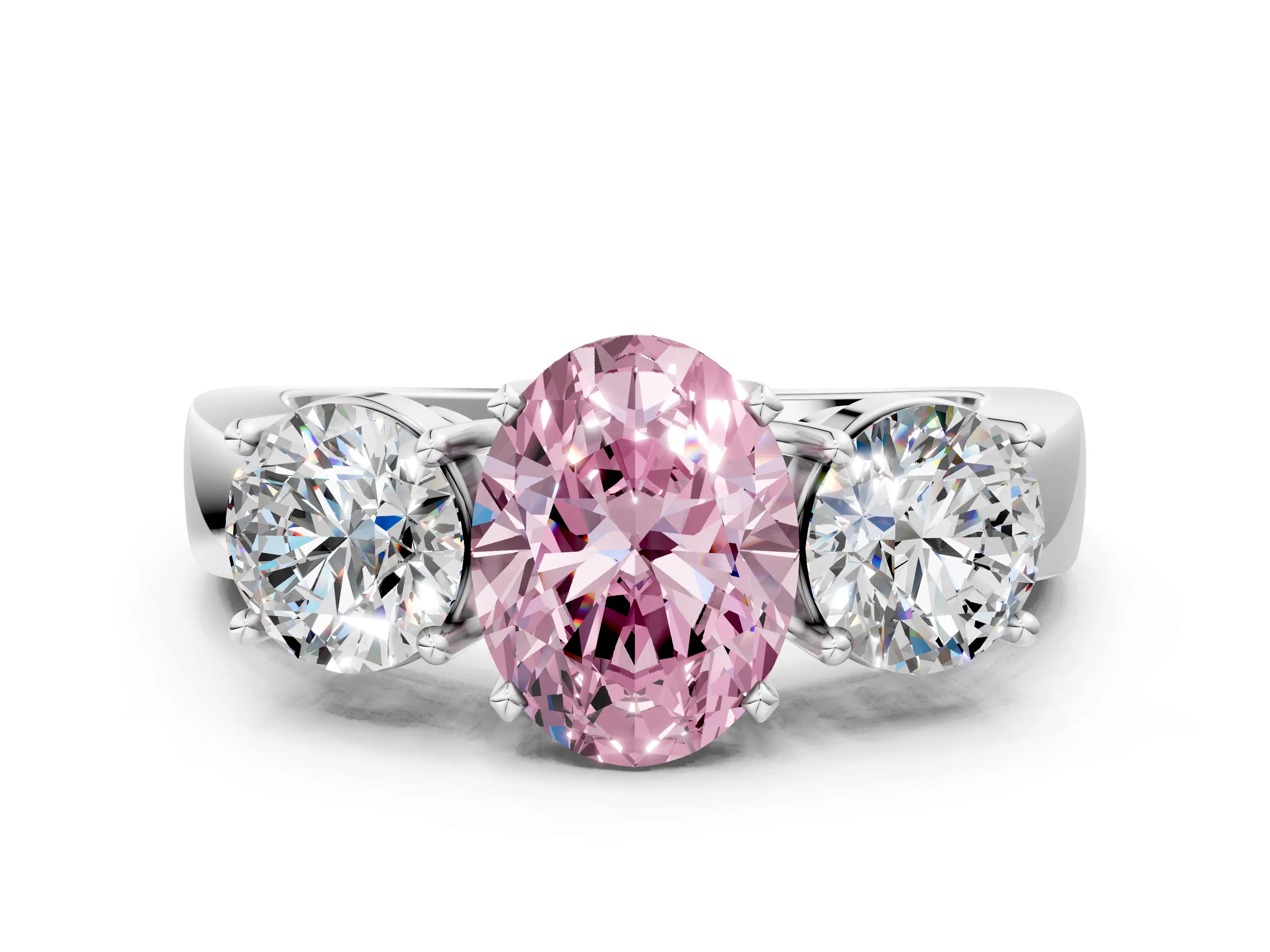 White gold Three-Stone Fancy Pink Oval Cut Diamond Ring with Round Side Stones, Classic Band, and Four-Prong Setting_36