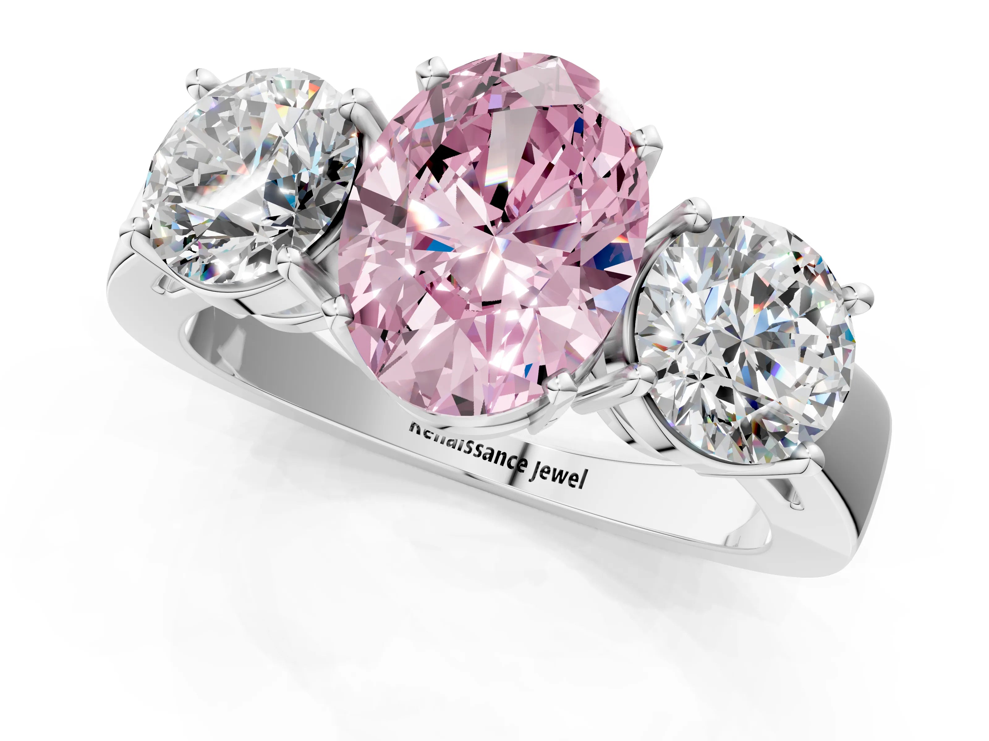 White gold Three-Stone Fancy Pink Oval Cut Diamond Ring with Round Side Stones, Classic Band, and Four-Prong Setting_37