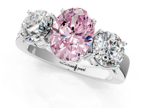 White gold Three-Stone Fancy Pink Oval Cut Diamond Ring with Round Side Stones, Classic Band, and Four-Prong Setting_37