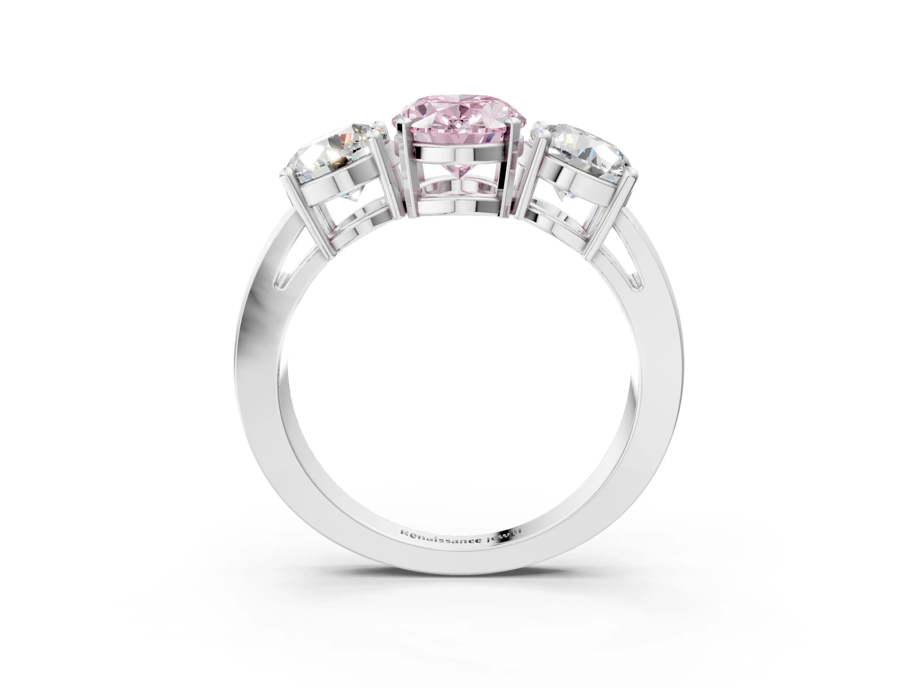 White gold Three-Stone Fancy Pink Oval Cut Diamond Ring with Round Side Stones, Classic Band, and Four-Prong Setting_39