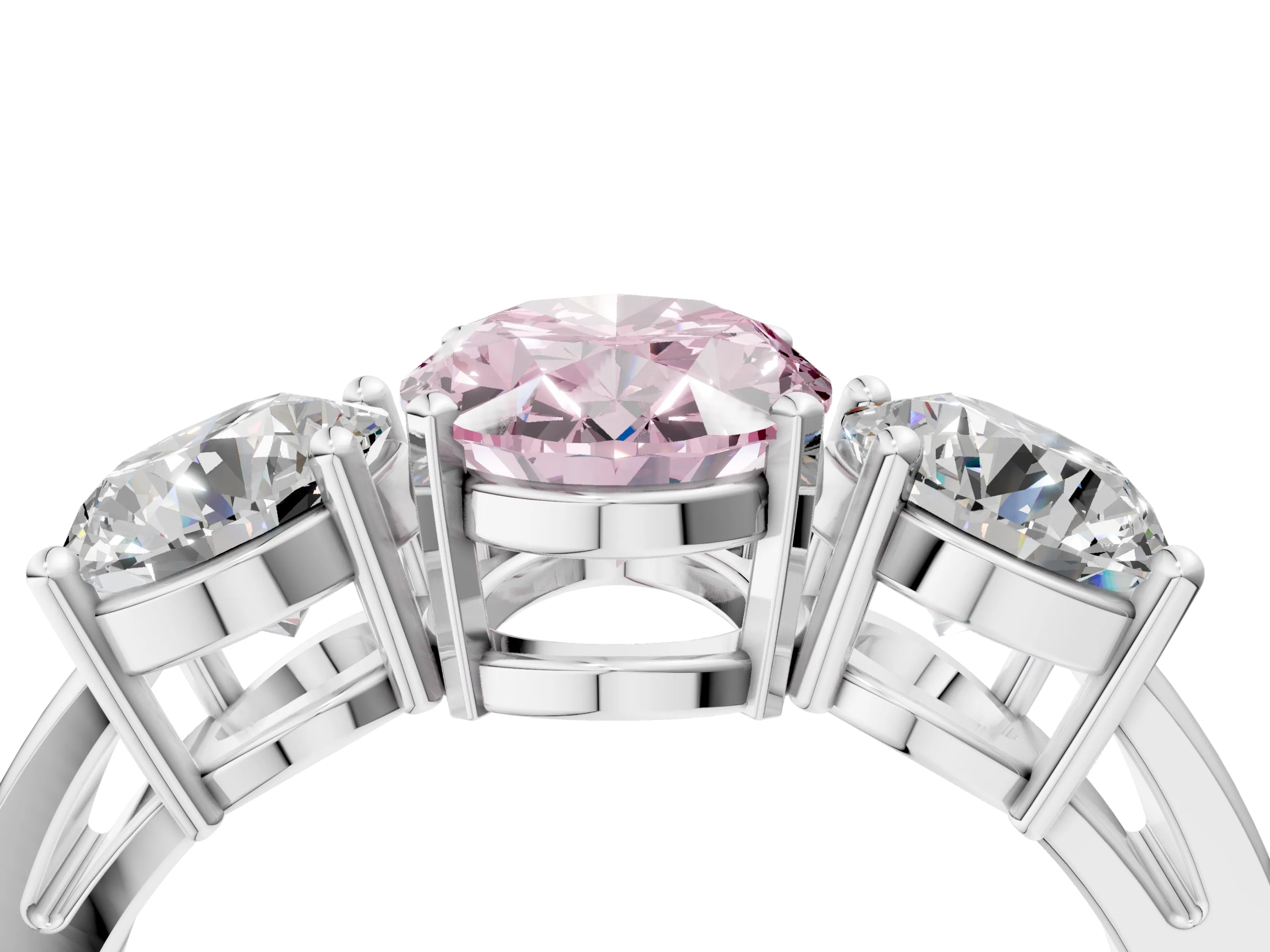 White gold Three-Stone Fancy Pink Oval Cut Diamond Ring with Round Side Stones, Classic Band, and Four-Prong Setting_40