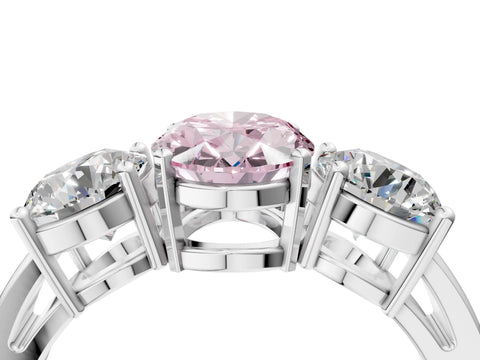 White gold Three-Stone Fancy Pink Oval Cut Diamond Ring with Round Side Stones, Classic Band, and Four-Prong Setting_40