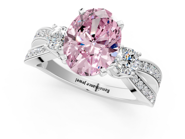 White gold Three-Stone Fancy Pink Oval  Cut Diamond Twist Band with Prong Setting