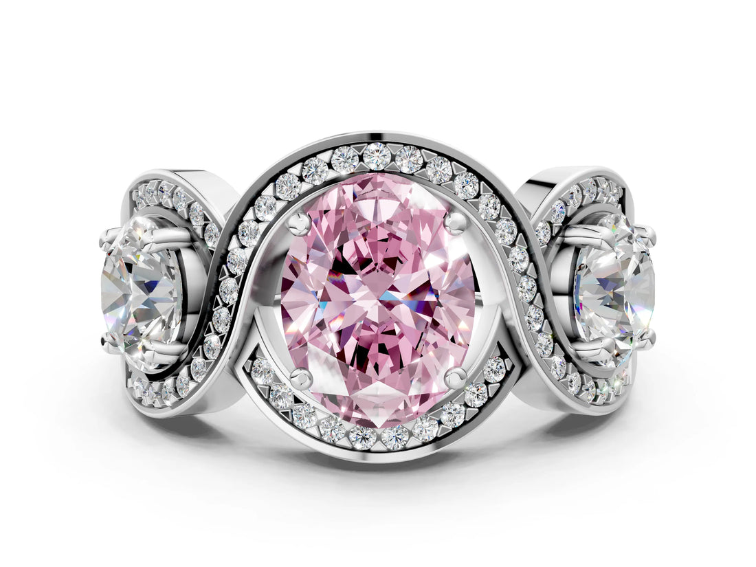White gold Three-Stone Fancy Pink Oval Cut Diamond Wave Pave Band with Prong Setting