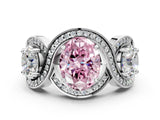 White gold Three-Stone Fancy Pink Oval Cut Diamond Wave Pave Band with Prong Setting