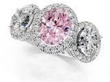 White gold Three-Stone Fancy Pink Oval Cut Halo Diamond Milgrain Band with Four-Prong Setting_1
