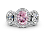 White gold Three-Stone Fancy Pink Oval Cut Halo Diamond Milgrain Band with Four-Prong Setting