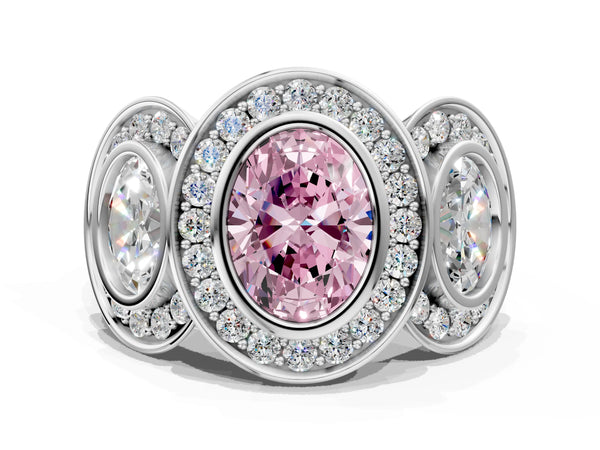 Platinum Oval Bezel Three Stone Halo Engagement Ring Setting for Fancy Pink Center