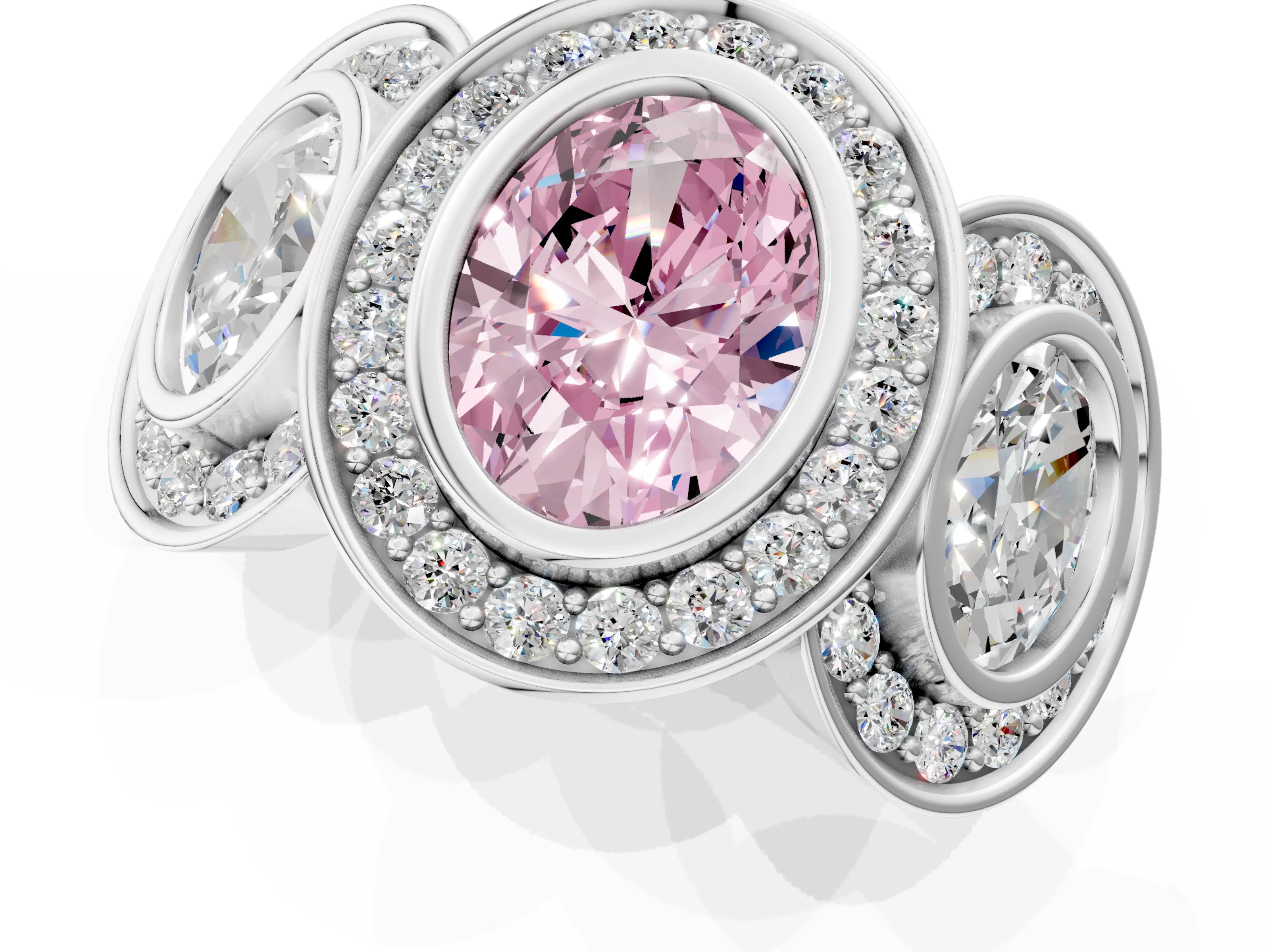 White gold Three-Stone Fancy Pink Oval Cut Halo Pavé Diamond Ring_1