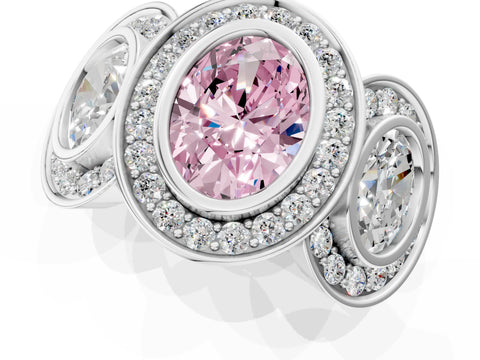 White gold Three-Stone Fancy Pink Oval Cut Halo Pavé Diamond Ring_1