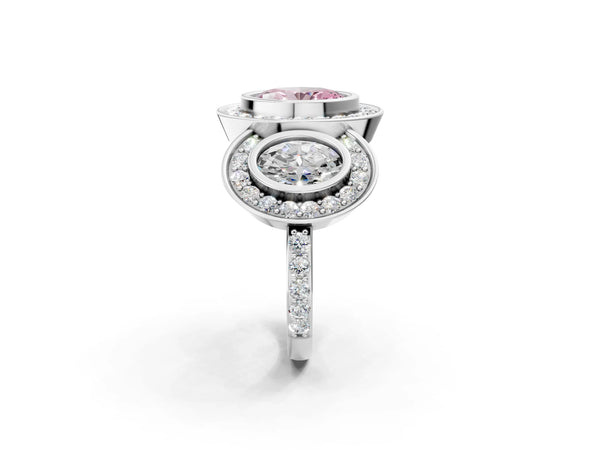 Platinum Oval Bezel Three Stone Halo Engagement Ring Setting for Fancy Pink Center