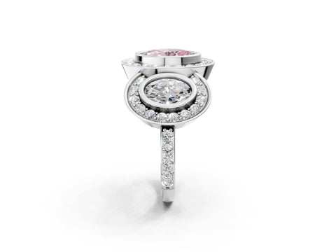 White gold Three-Stone Fancy Pink Oval Cut Halo Pavé Diamond Ring_2