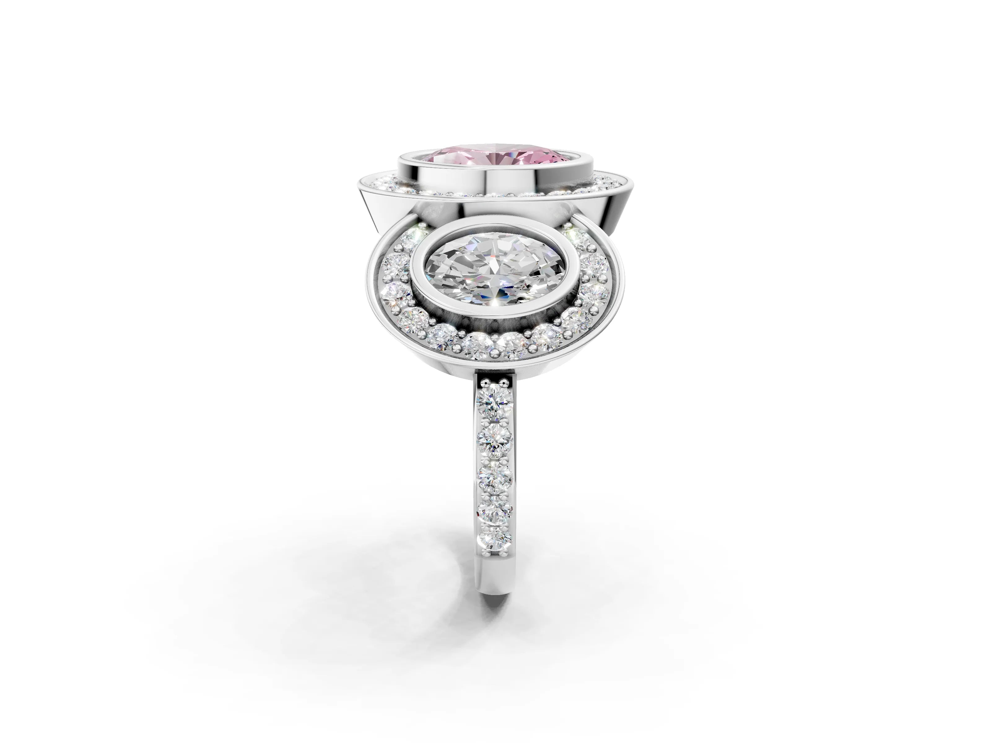 White gold Three-Stone Fancy Pink Oval Cut Halo Pavé Diamond Ring_2