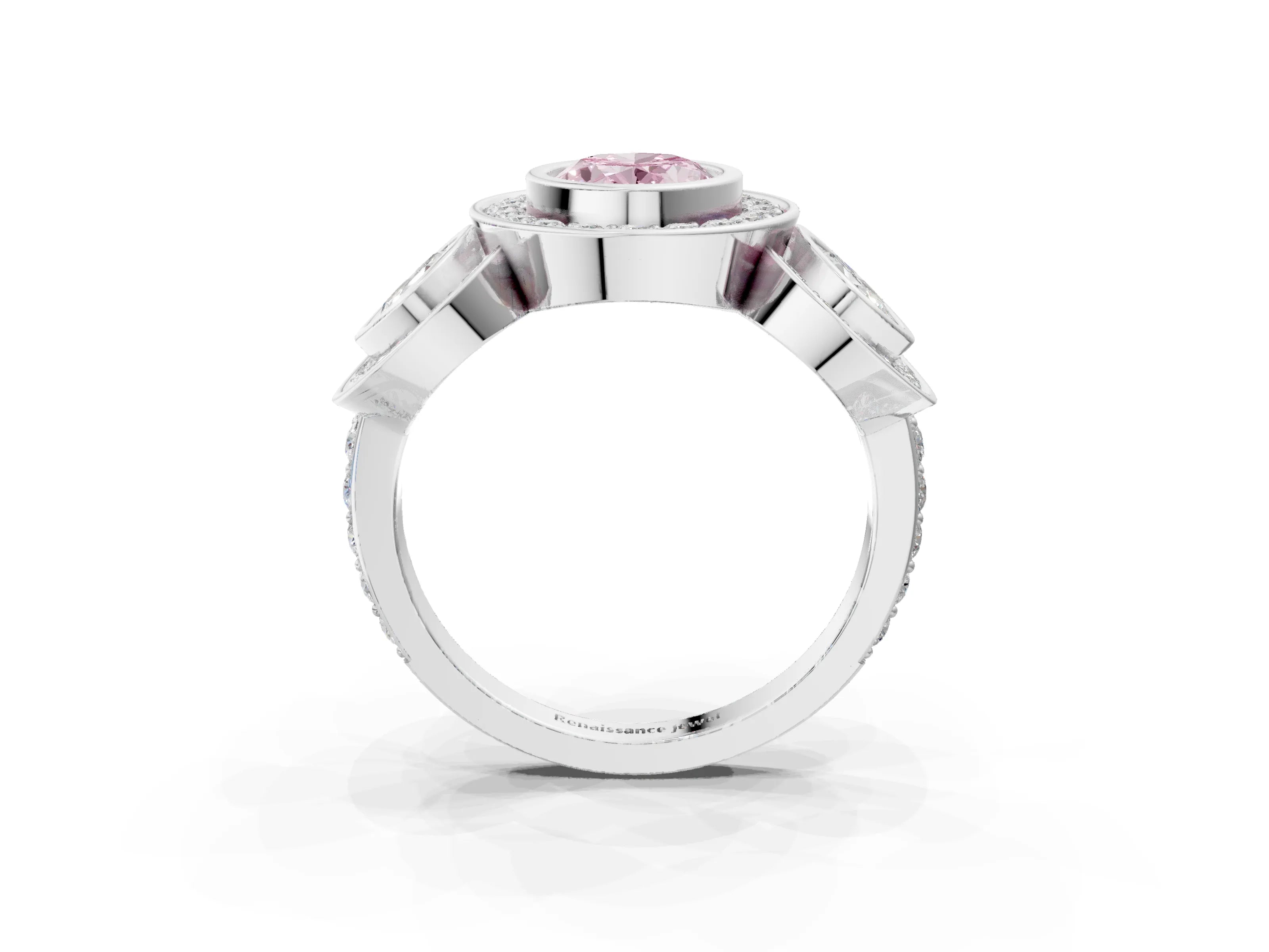 White gold Three-Stone Fancy Pink Oval Cut Halo Pavé Diamond Ring_3