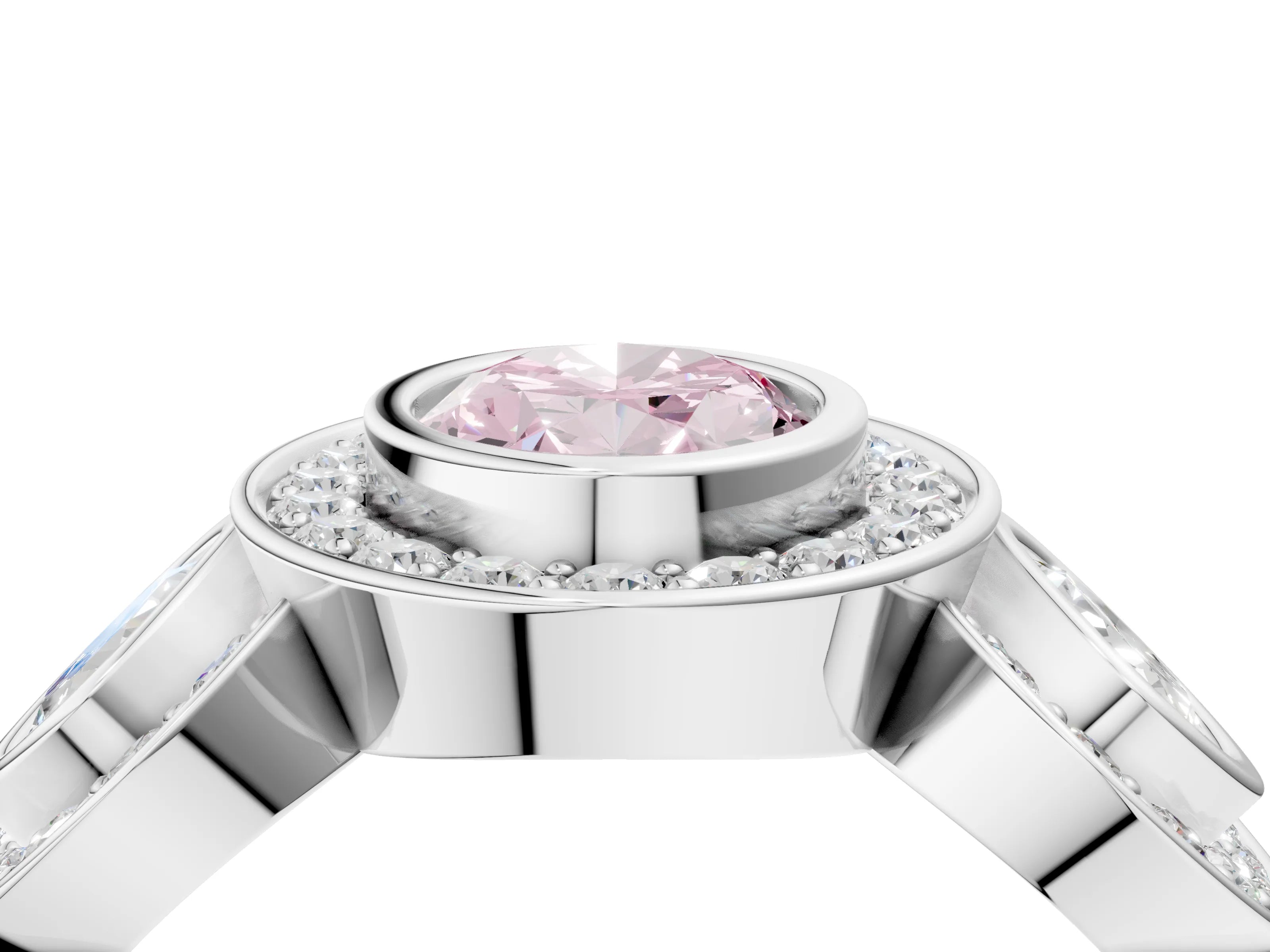 White gold Three-Stone Fancy Pink Oval Cut Halo Pavé Diamond Ring_4