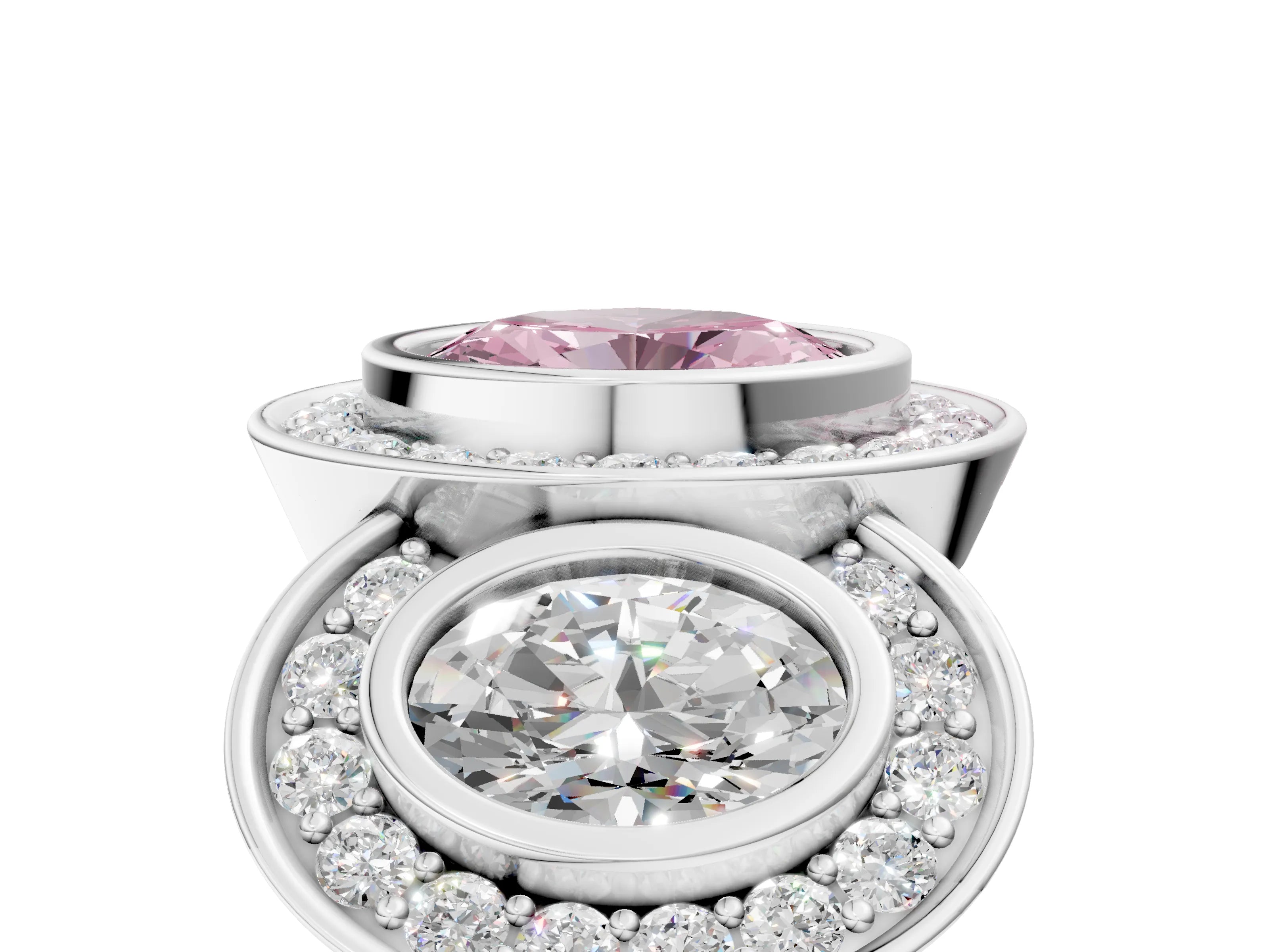 White gold Three-Stone Fancy Pink Oval Cut Halo Pavé Diamond Ring_5