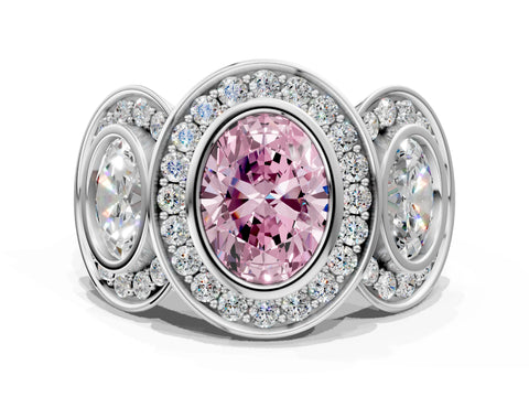 White gold Three-Stone Fancy Pink Oval Cut Halo Pavé Diamond Ring