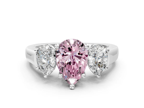 Platinum Three-Stone Fancy Pink Pear Cut Brilliant Diamond Trellis Ring with Comfort Fit Band