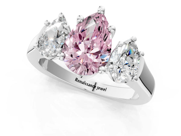 Platinum Three-Stone Fancy Pink Pear Cut Brilliant Diamond Trellis Ring with Comfort Fit Band