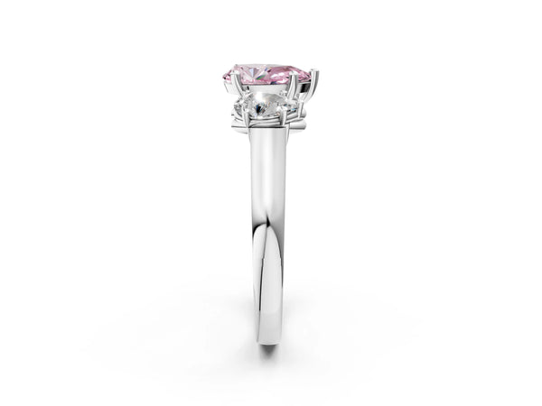 Platinum Three-Stone Fancy Pink Pear Cut Brilliant Diamond Trellis Ring with Comfort Fit Band