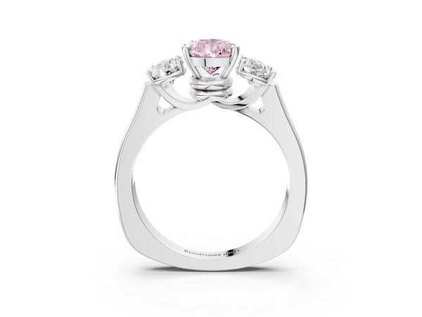 Platinum Three-Stone Fancy Pink Pear Cut Brilliant Diamond Trellis Ring with Comfort Fit Band
