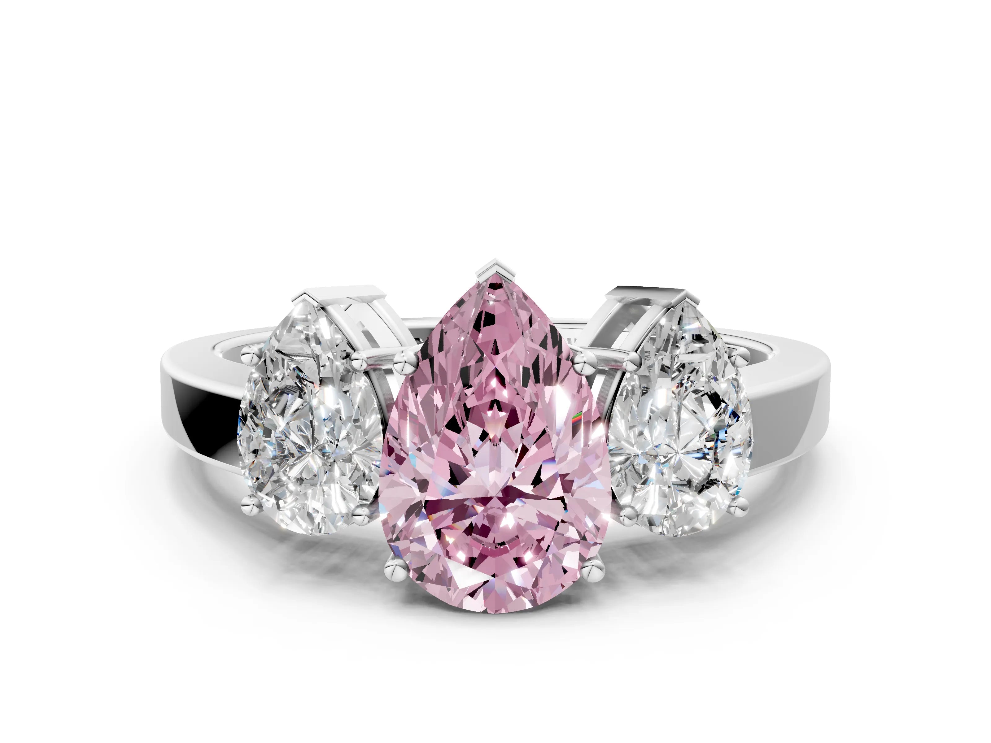 White gold Three-Stone Fancy Pink Pear Cut Cut Diamond Engagement Ring with Flat Band and Four-Prong Setting