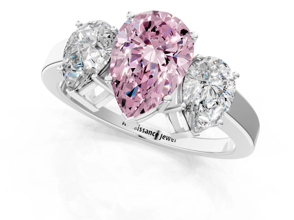 White gold Three-Stone Fancy Pink Pear Cut Cut Diamond Engagement Ring with Flat Band and Four-Prong Setting