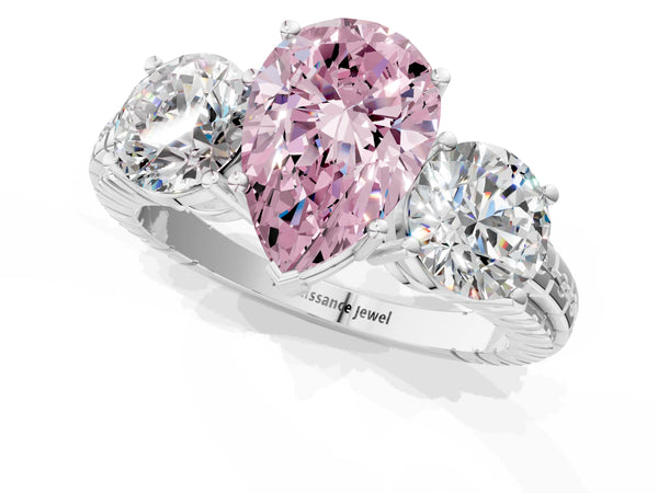 White gold Three-Stone Fancy Pink Pear Cut Cut Diamond Ring with Channel-Set Band and Prong Setting