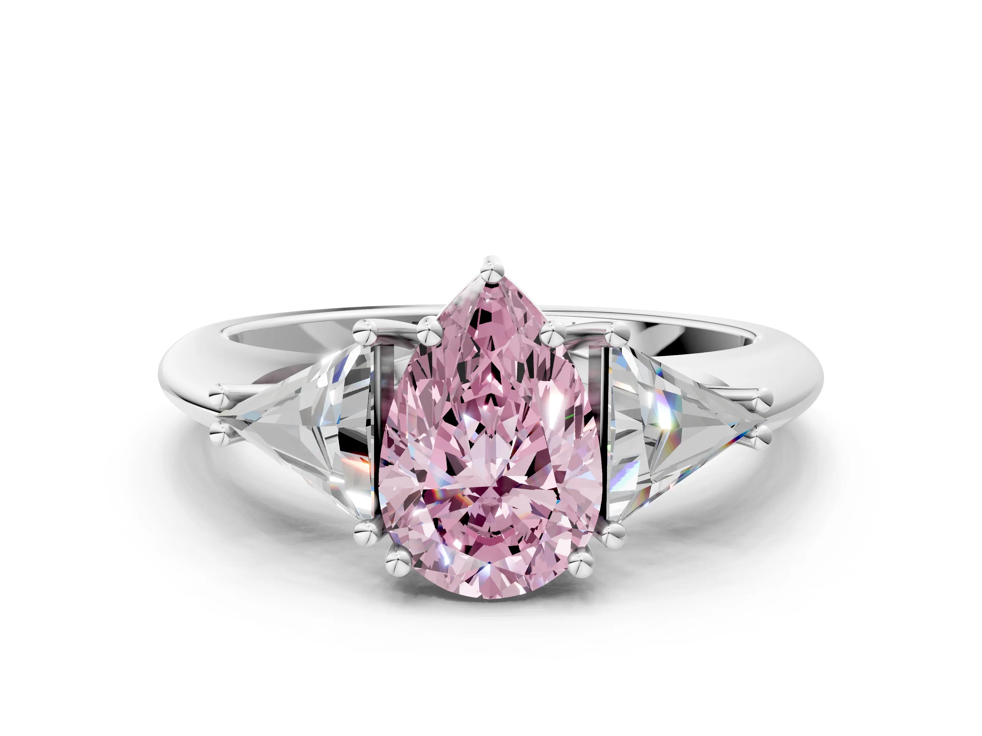 White gold Three-Stone Fancy Pink Pear Cut Cut Diamond Ring with Trillion Side Stones and Four-Prong Setting_11