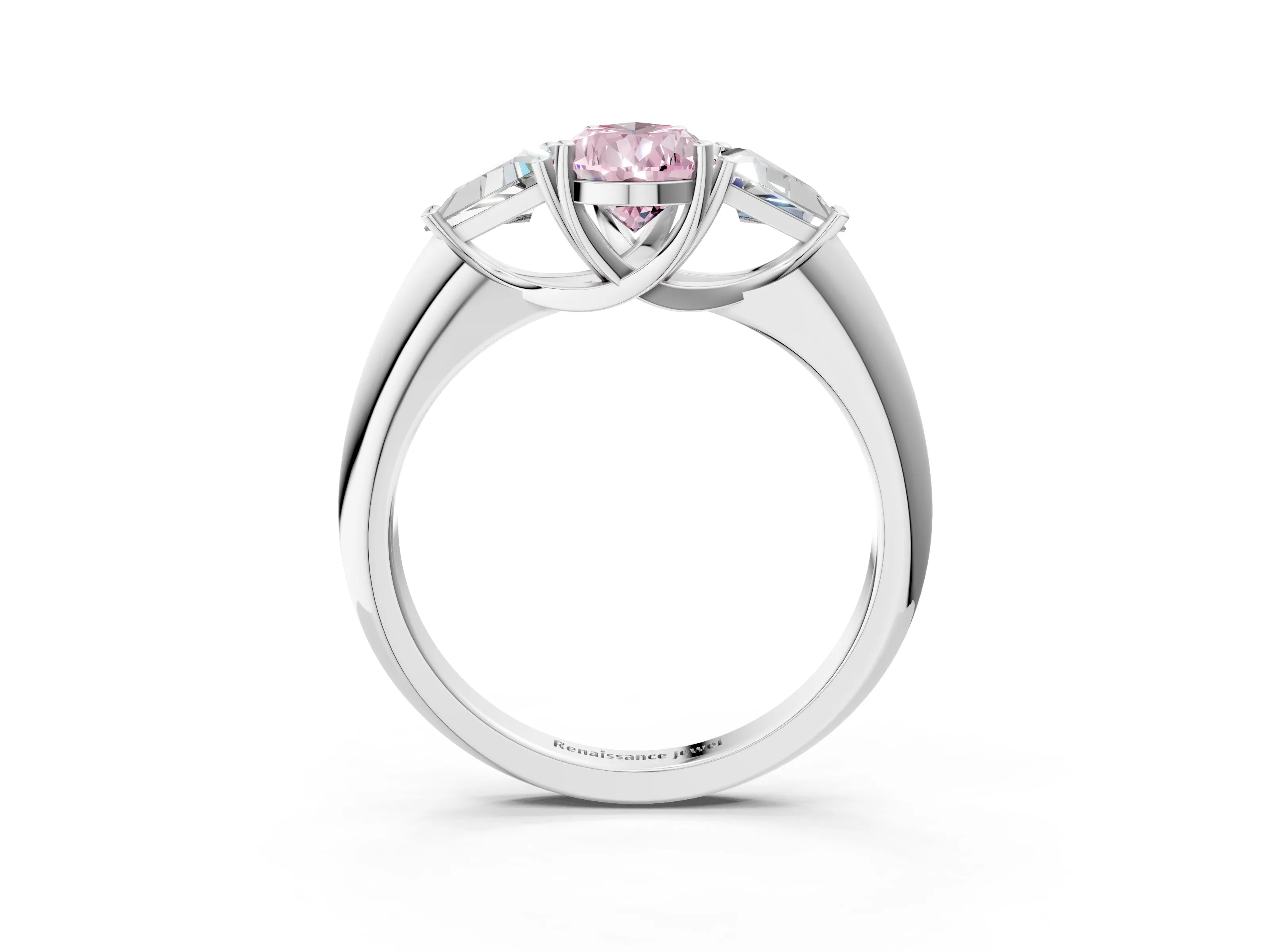 White gold Three-Stone Fancy Pink Pear Cut Cut Diamond Ring with Trillion Side Stones and Four-Prong Setting_14