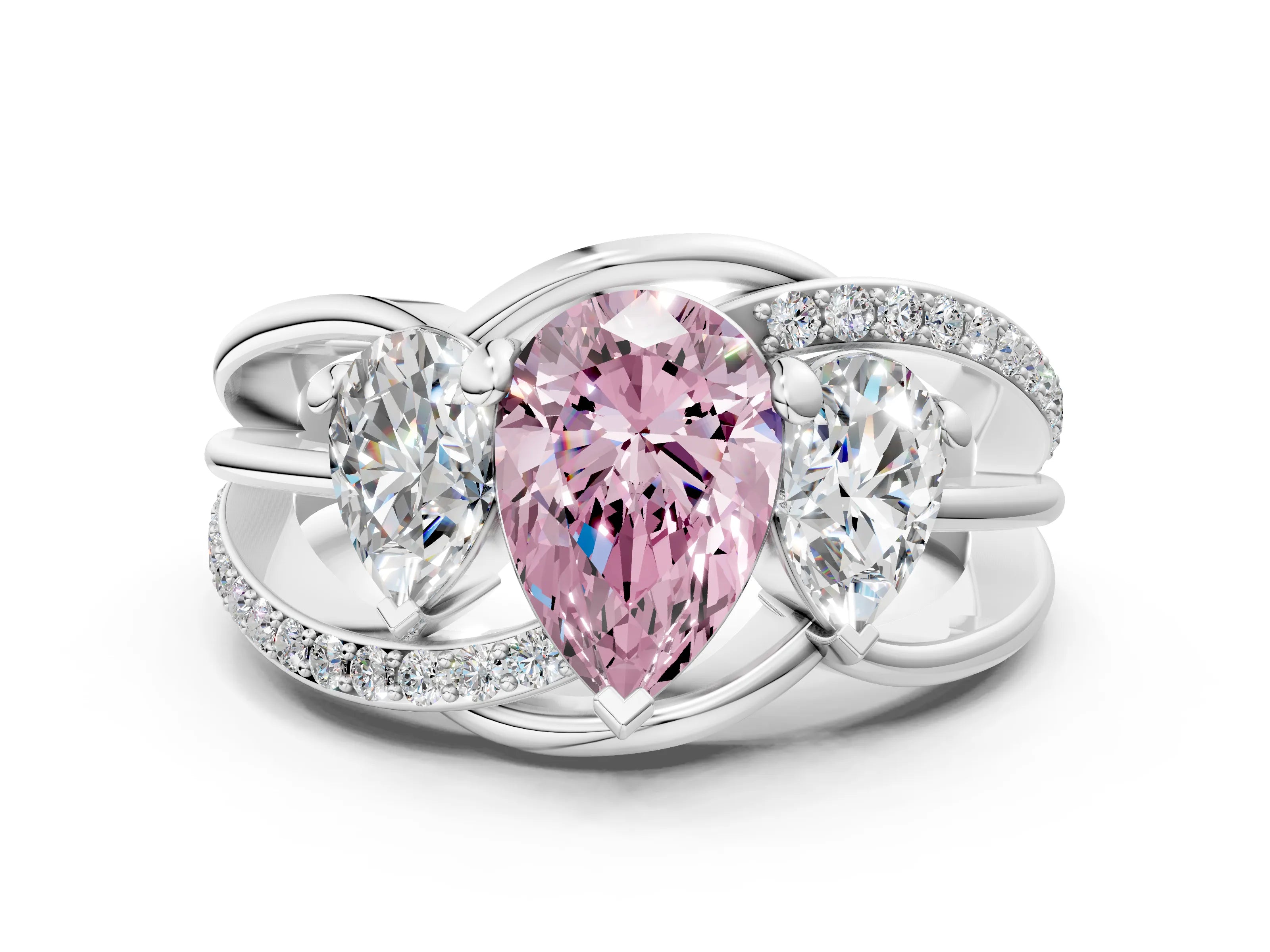 White gold Three-Stone Fancy Pink Pear Cut Cut Diamond Split Shank Prong Set Ring_12