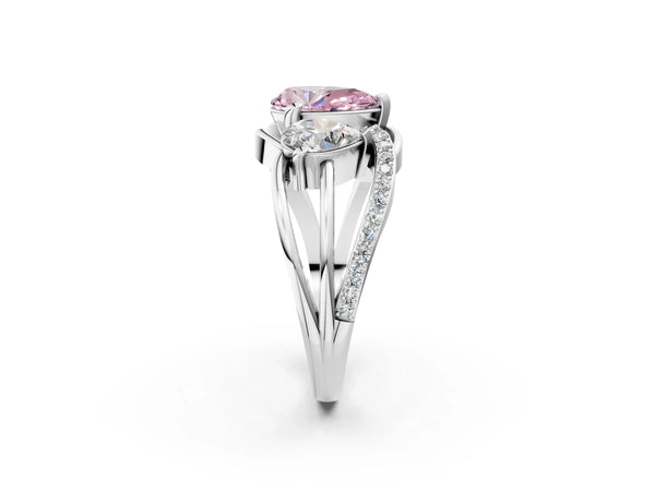 White Gold Pear-Shaped Three Stone Split Shank Engagement Ring Setting for Fancy Pink Center