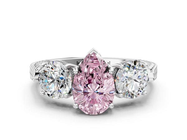 White Gold Pear-Shaped Vintage Three Stone Engagement Ring Setting for Fancy Pink Center