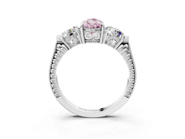 White Gold Pear-Shaped Vintage Three Stone Engagement Ring Setting for Fancy Pink Center