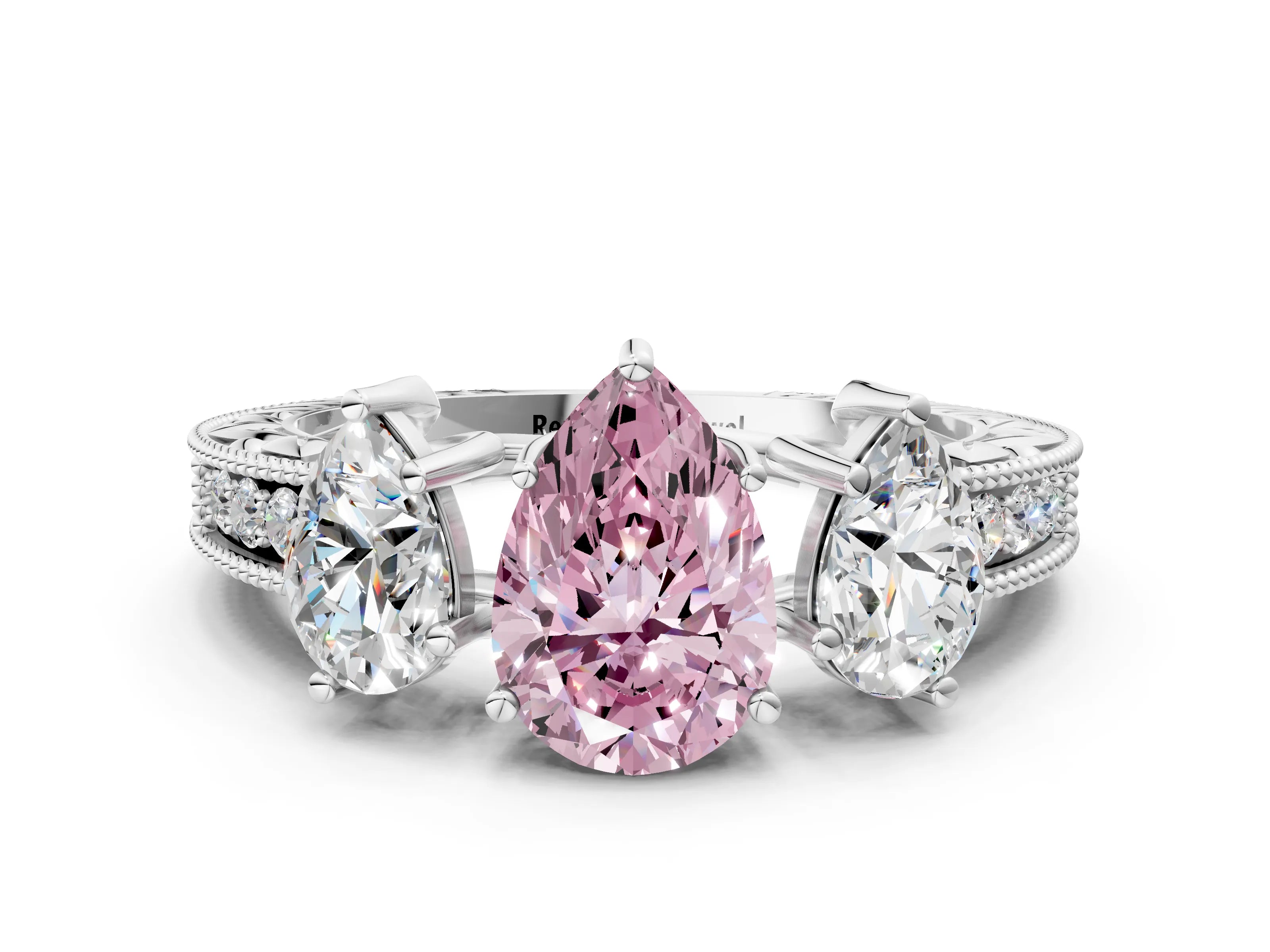 White gold Three-Stone Fancy Pink Pear Cut Cut Milgrain Pavé Engagement Ring_12