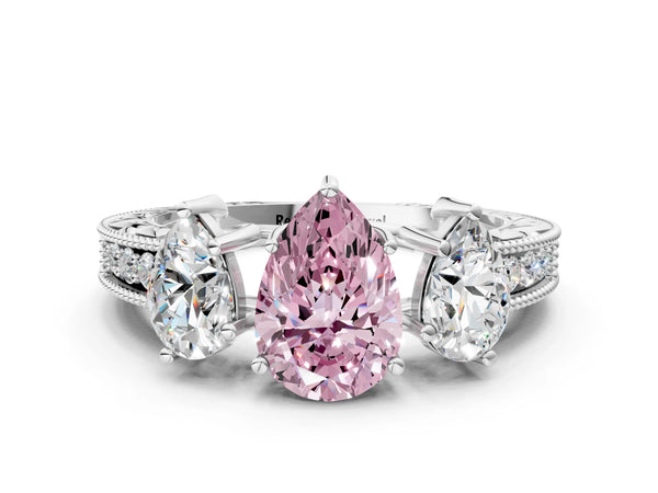 White gold Three-Stone Fancy Pink Pear Cut Cut Milgrain Pavé Engagement Ring