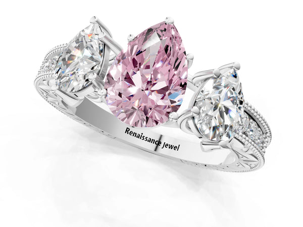 White gold Three-Stone Fancy Pink Pear Cut Cut Milgrain Pavé Engagement Ring