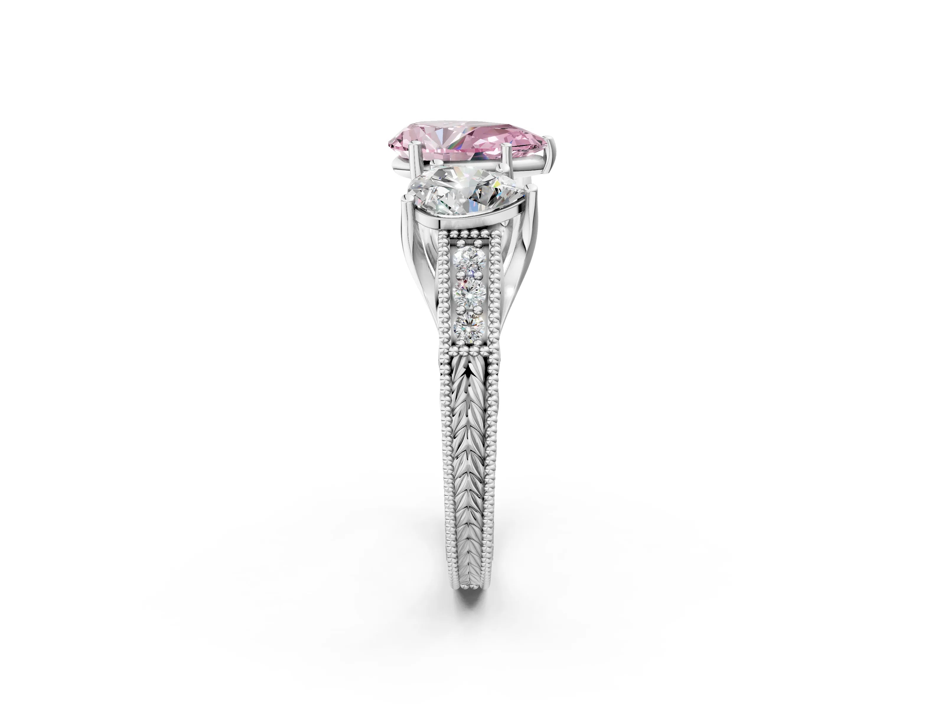 White gold Three-Stone Fancy Pink Pear Cut Cut Milgrain Pavé Engagement Ring_14