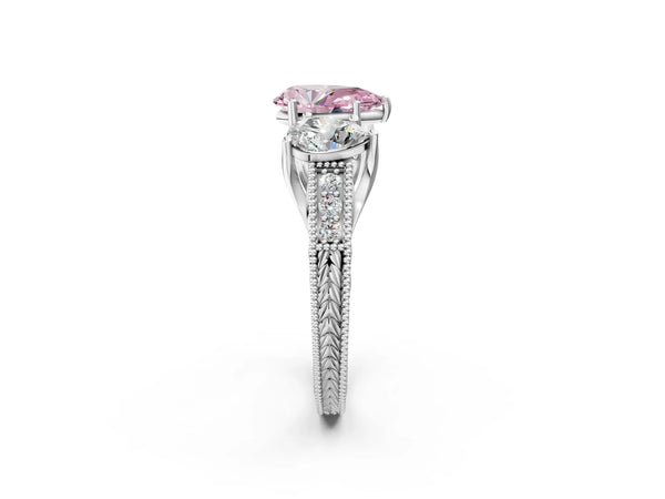 White gold Three-Stone Fancy Pink Pear Cut Cut Milgrain Pavé Engagement Ring