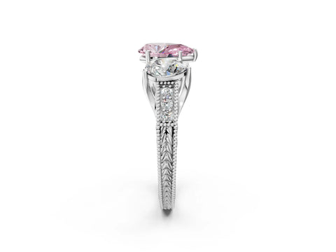 White gold Three-Stone Fancy Pink Pear Cut Cut Milgrain Pavé Engagement Ring_14