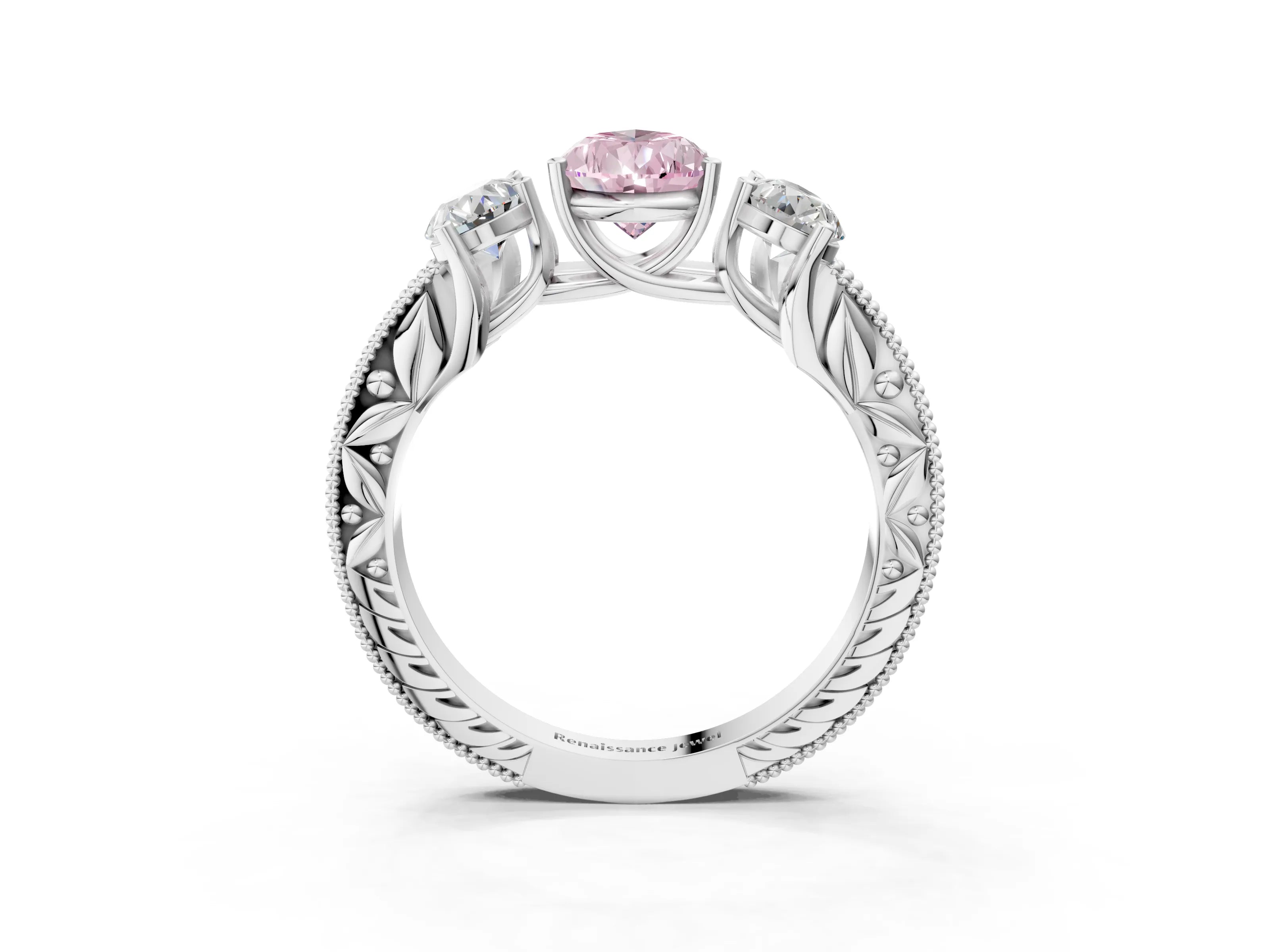 White gold Three-Stone Fancy Pink Pear Cut Cut Milgrain Pavé Engagement Ring_15