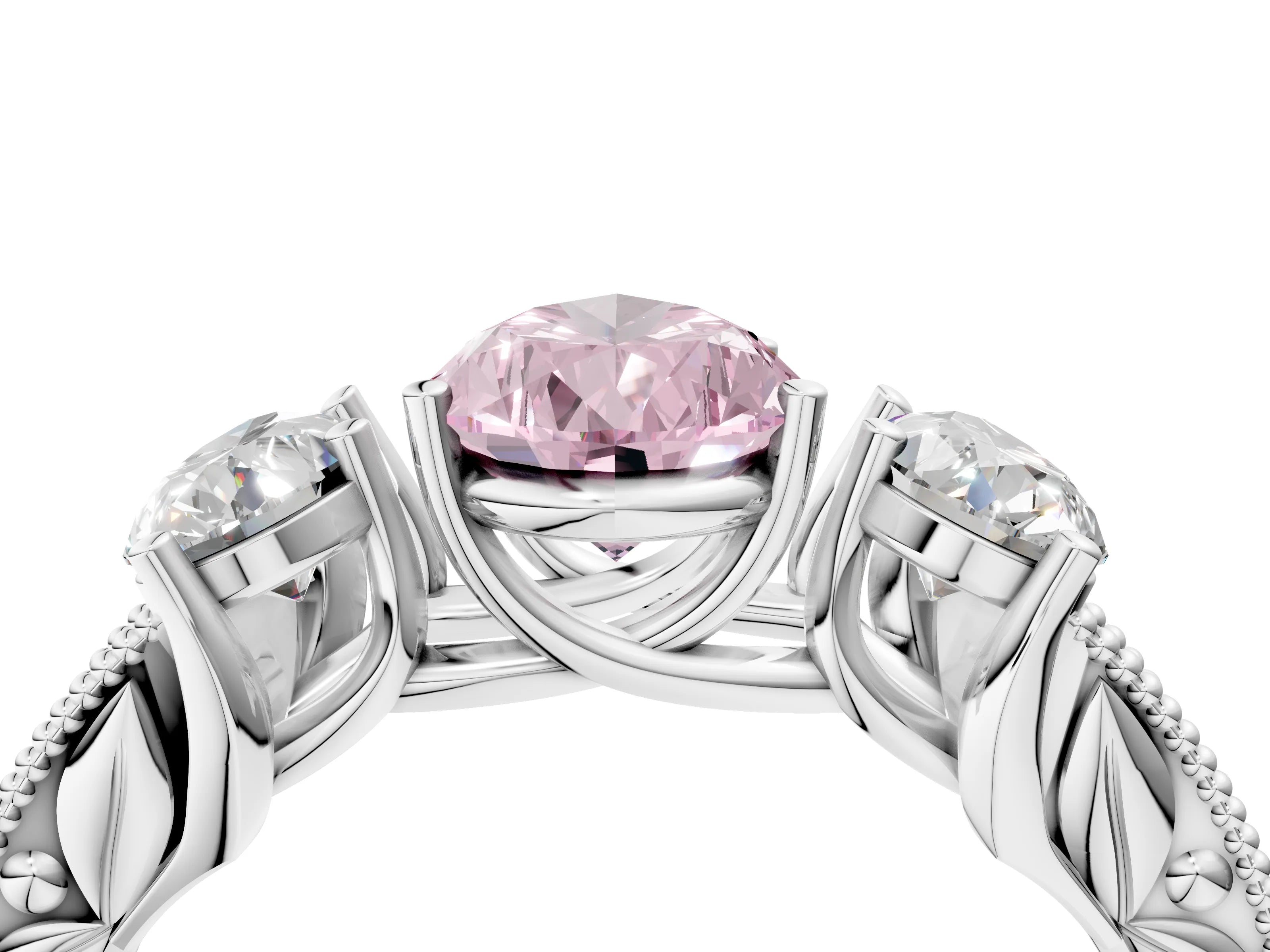White gold Three-Stone Fancy Pink Pear Cut Cut Milgrain Pavé Engagement Ring_16