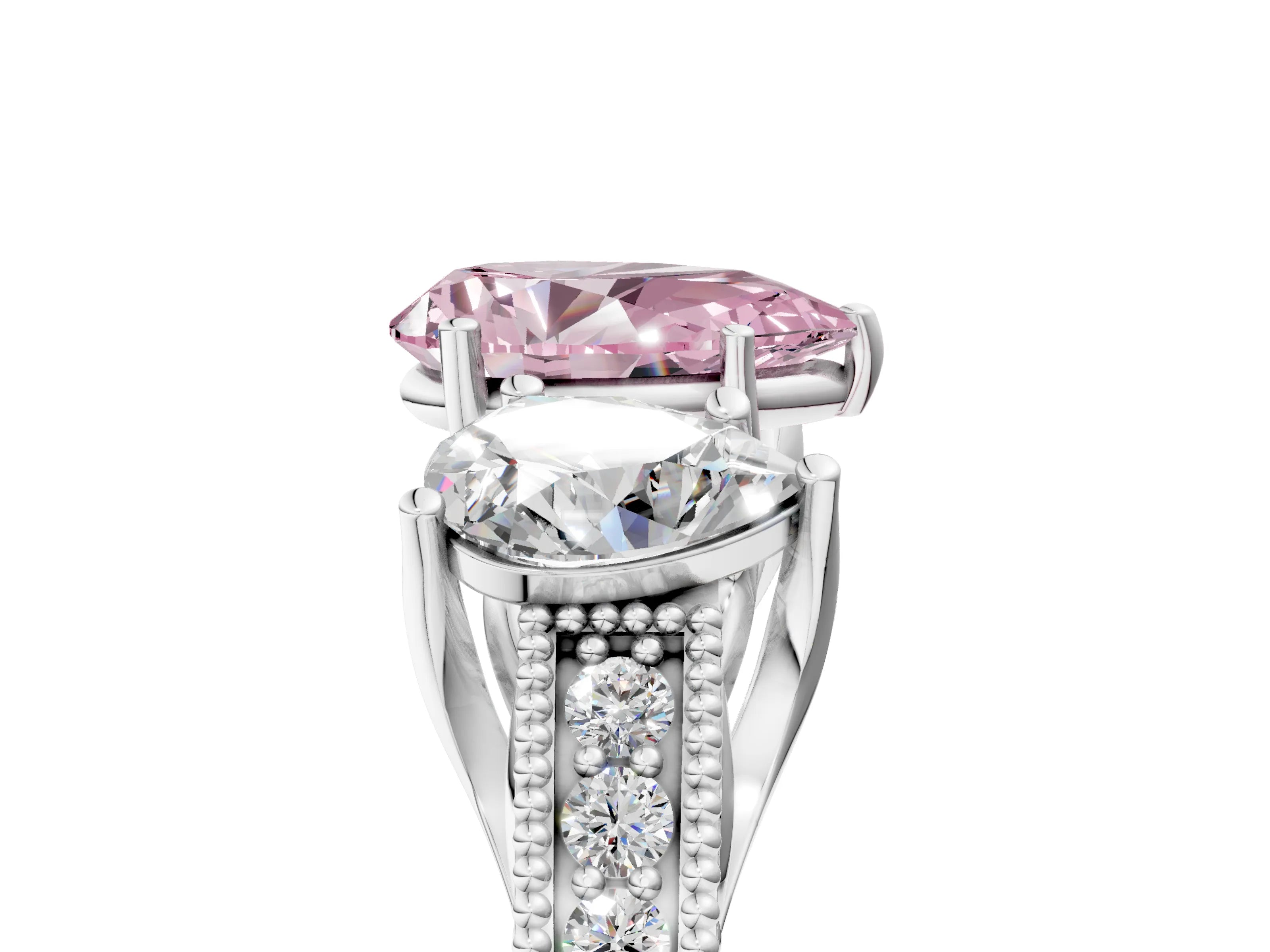 White gold Three-Stone Fancy Pink Pear Cut Cut Milgrain Pavé Engagement Ring_17