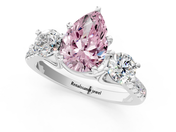 Platinum Three-Stone Fancy Pink Pear Cut Diamond Pavé Band with Four-Prong Setting