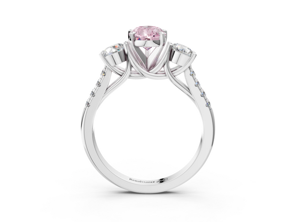 Platinum Three-Stone Fancy Pink Pear Cut Diamond Pavé Band with Four-Prong Setting